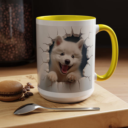 Cute Puppy Breaking Wall Accent Coffee Mug – Funny Smiling Dog Gift (11/15oz)