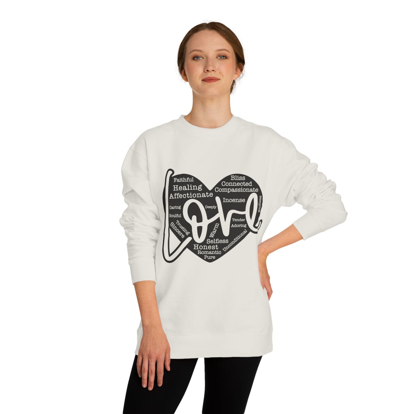 Love Word-Cloud Crewneck Sweatshirt — Heart Typography Design