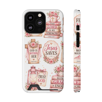 Christian Floral Phone Case with Card Holder — 'Jesus Saves' Inspirational Design