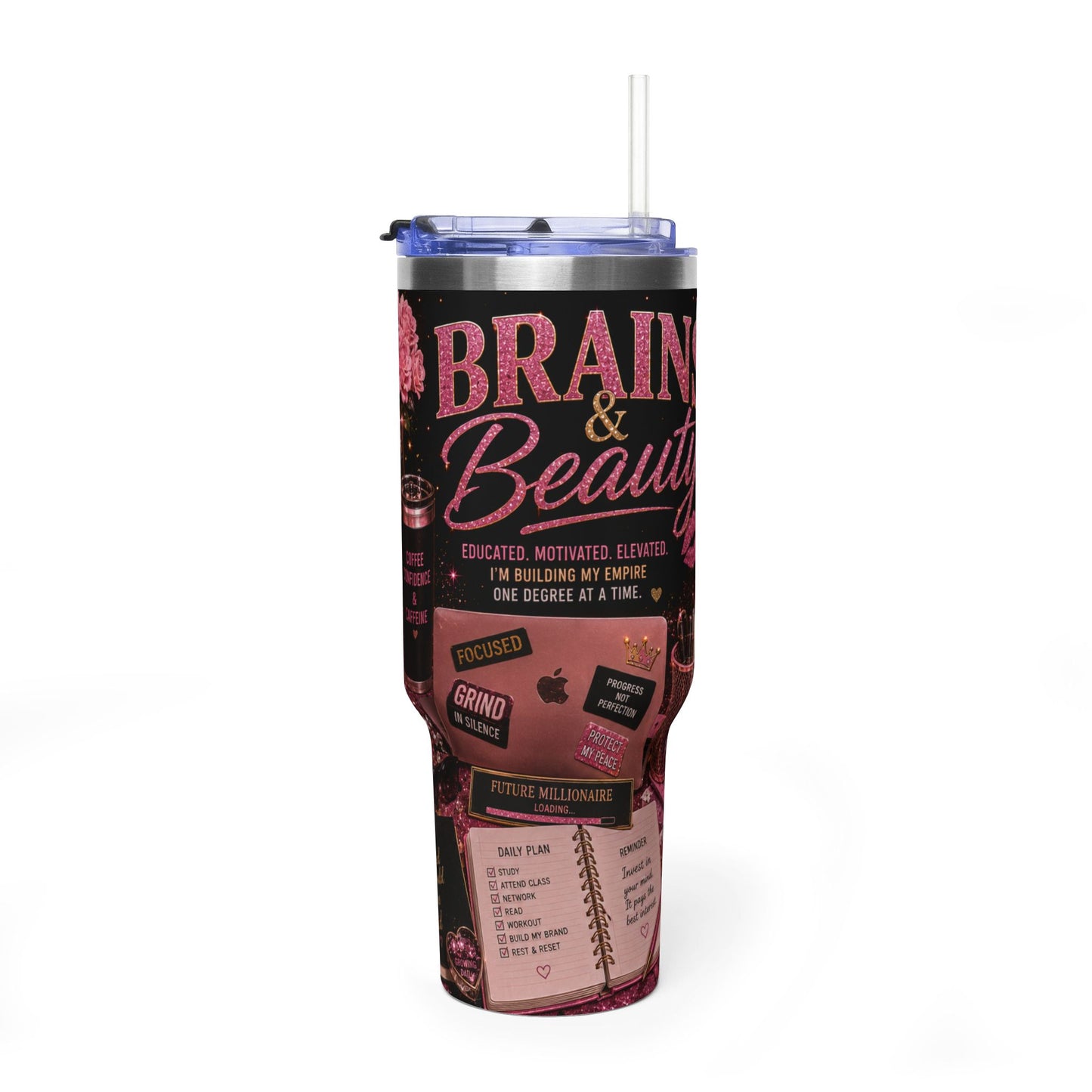 Brain & Beauty 40oz Thermal Tumbler with Handle — Inspirational Coffee Travel Mug