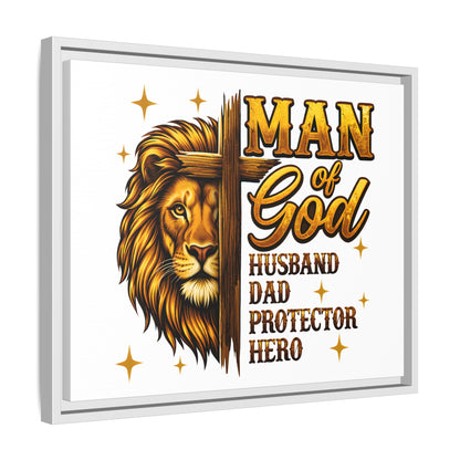 Man of God Framed Canvas Art — 'Man of God: Husband, Dad, Protector, Hero' Religious Wall Decor