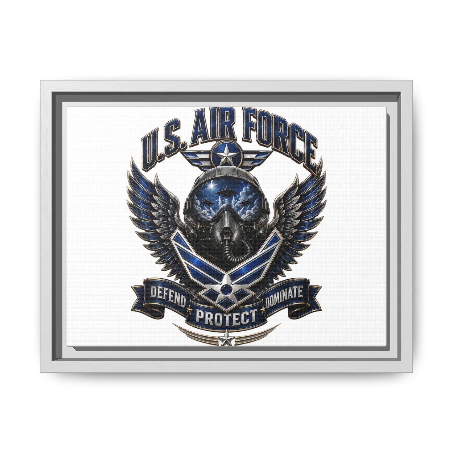 U.S. Air Force Emblem Framed Canvas Print – "Defend Protect Dominate" Military Wall Art