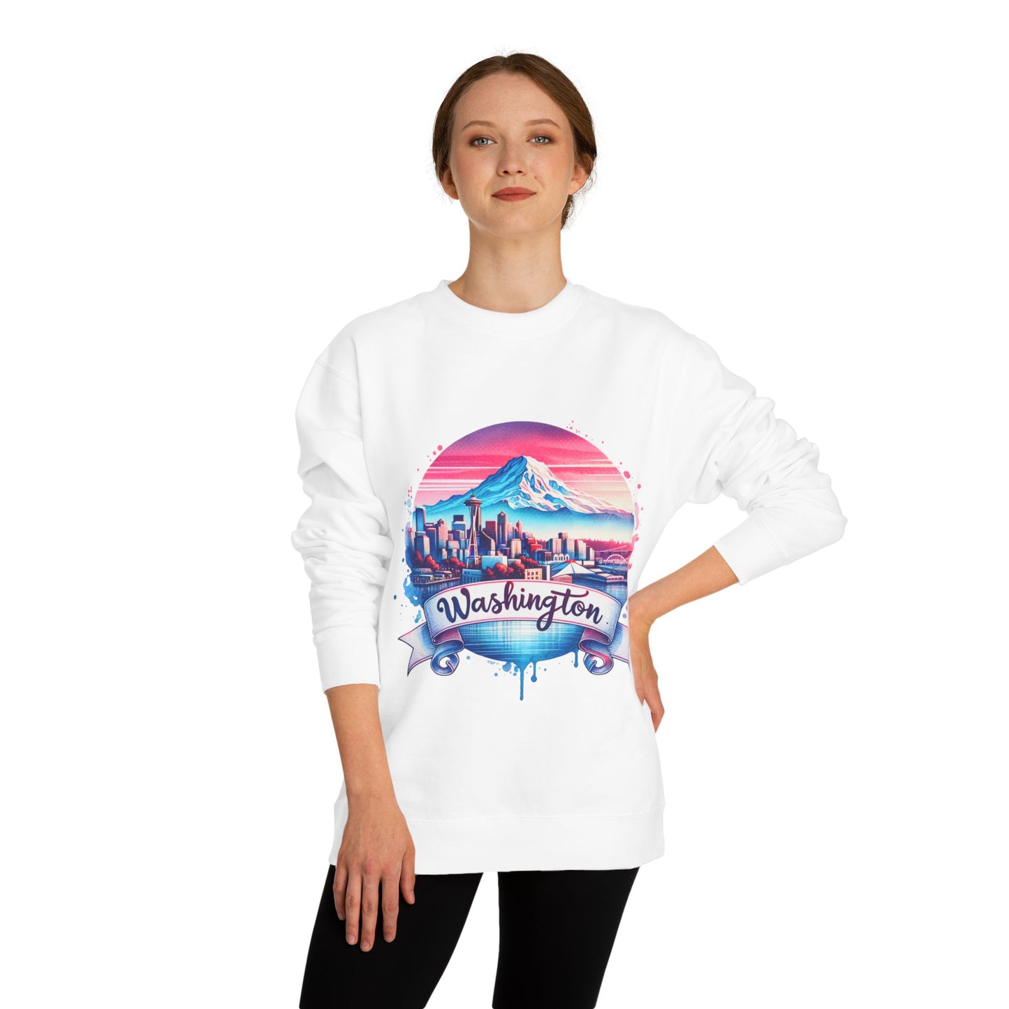 Washington Scenic Crewneck Sweatshirt — Mountain & City Skyline Design