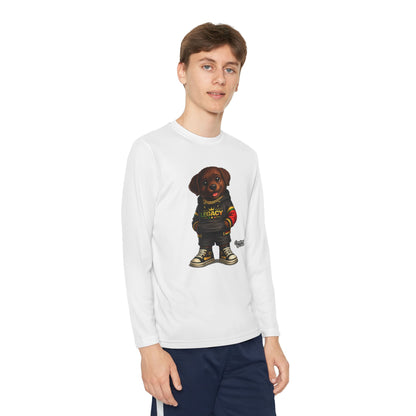 Kids Long Sleeve Tee — Brown Puppy Wearing 'Legacy' Hoodie Graphic