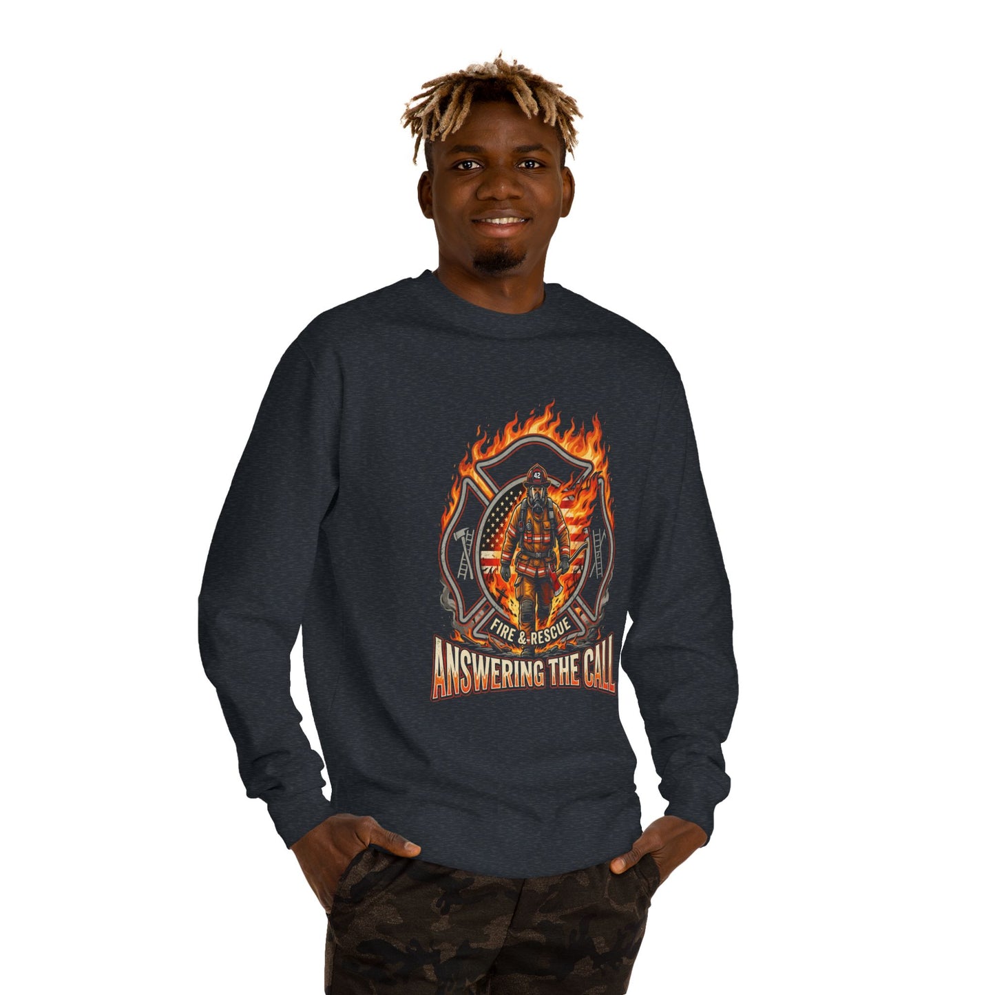 Firefighter Crewneck Sweatshirt — 'Answering the Call' Fire & Rescue Design