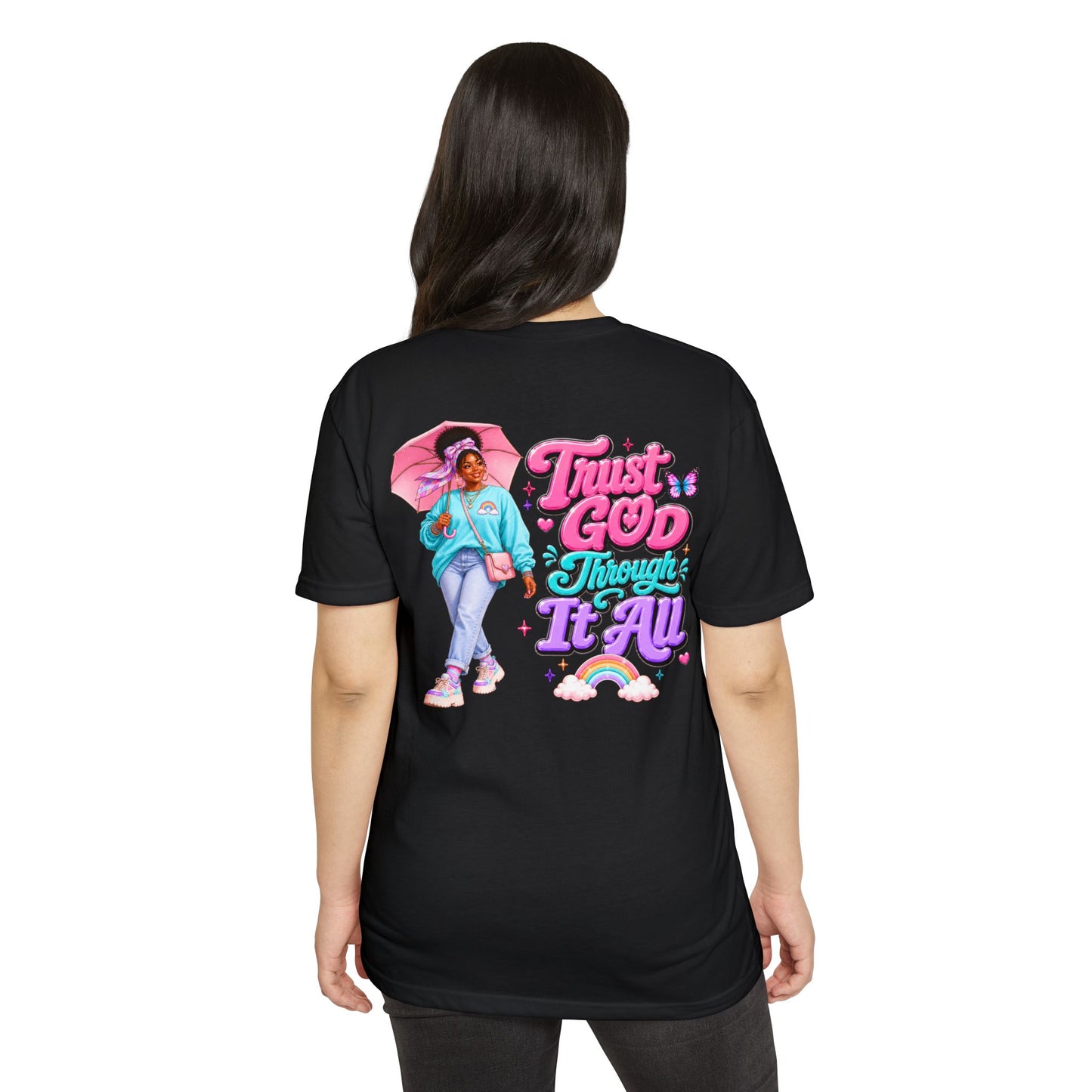 Trust God Through It All T-Shirt — Inspirational Faith Tee with Colorful Girl Illustration