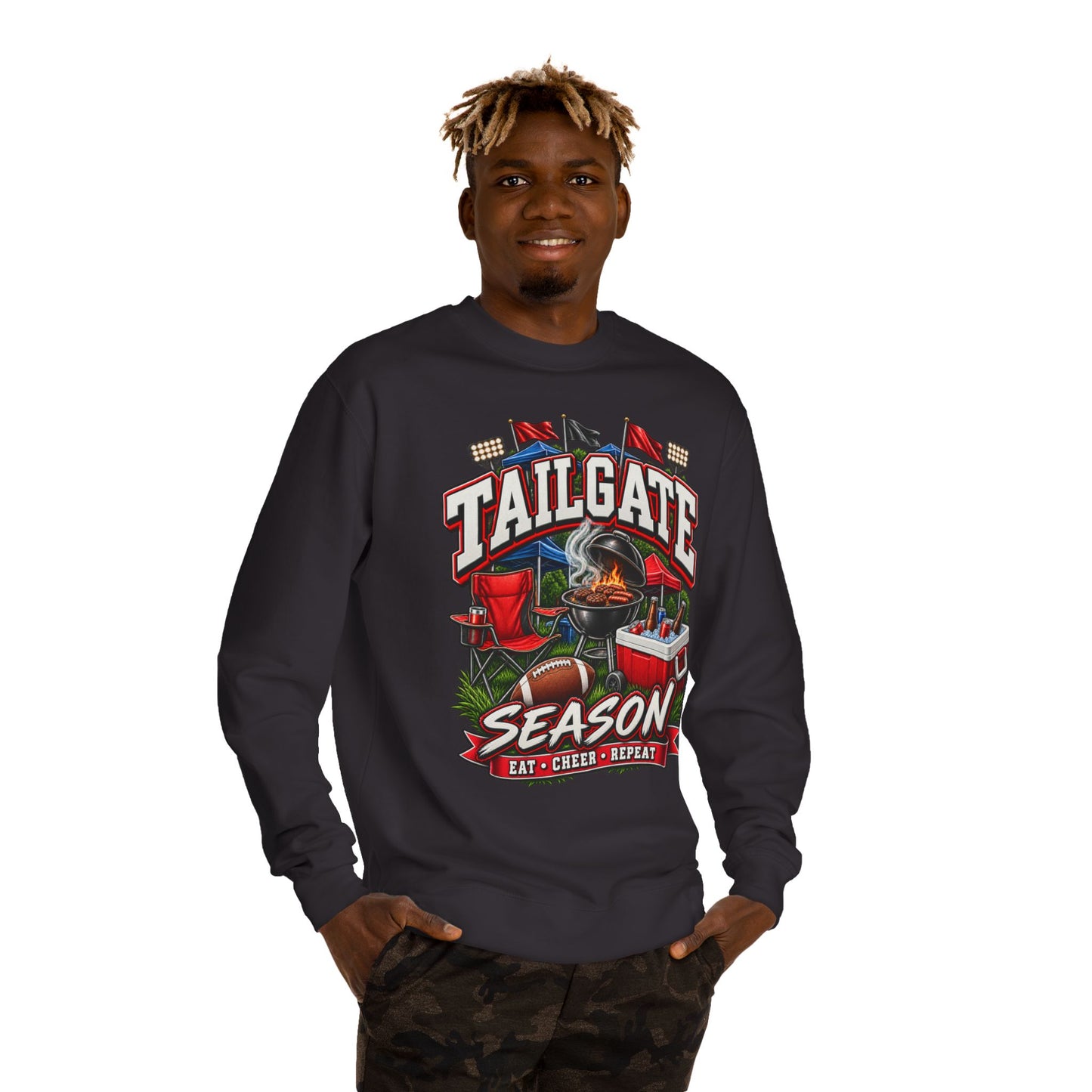 Tailgate Season Sweatshirt — "Eat • Cheer • Repeat" Football Tailgating Crewneck