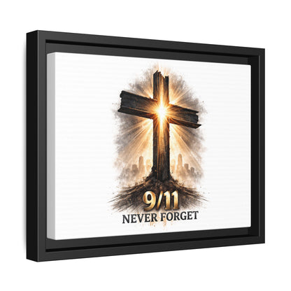 9/11 Never Forget Framed Canvas Wall Art — Memorial Cross Tribute