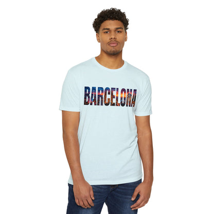 Barcelona Cityscape T‑Shirt — Scenic Sunset Lettering Travel Tee