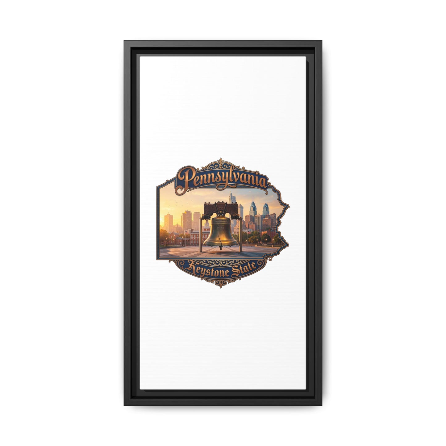 Pennsylvania Keystone State Framed Canvas Wall Art — Liberty Bell & Philadelphia Skyline