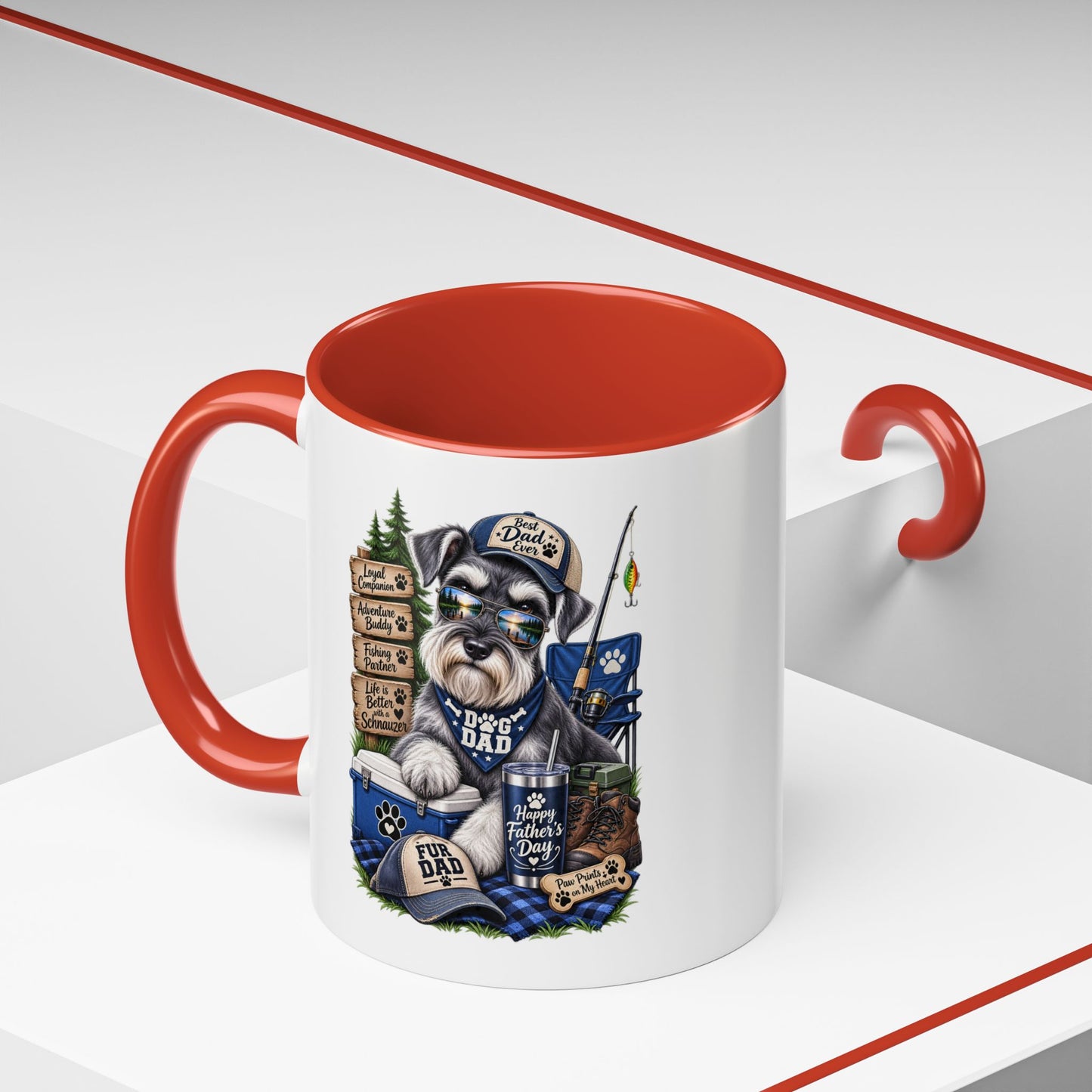 Schnauzer Dad Accent Coffee Mug – "Dog Dad" Camping Paw Print Design (11/15oz)