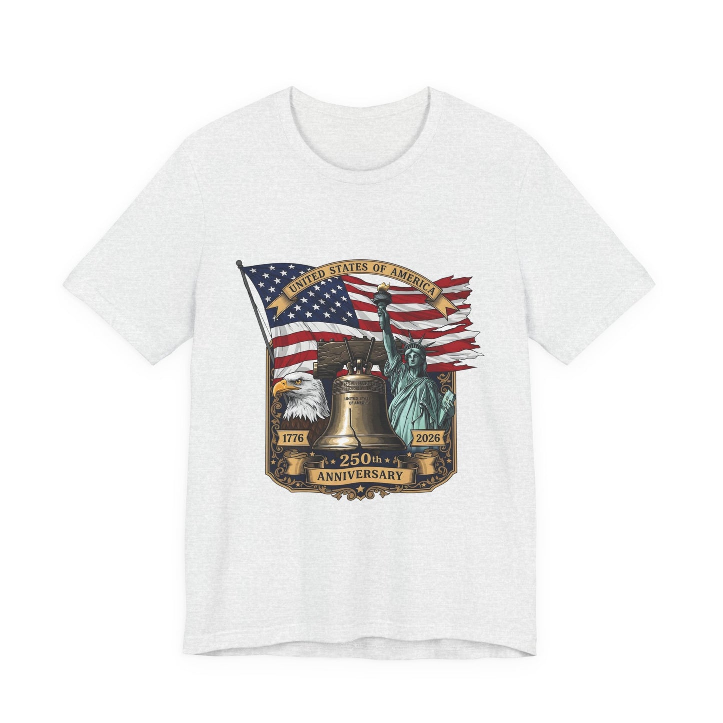 Liberty 250th Anniversary T-Shirt — American Flag, Liberty Bell & Statue of Liberty Tee