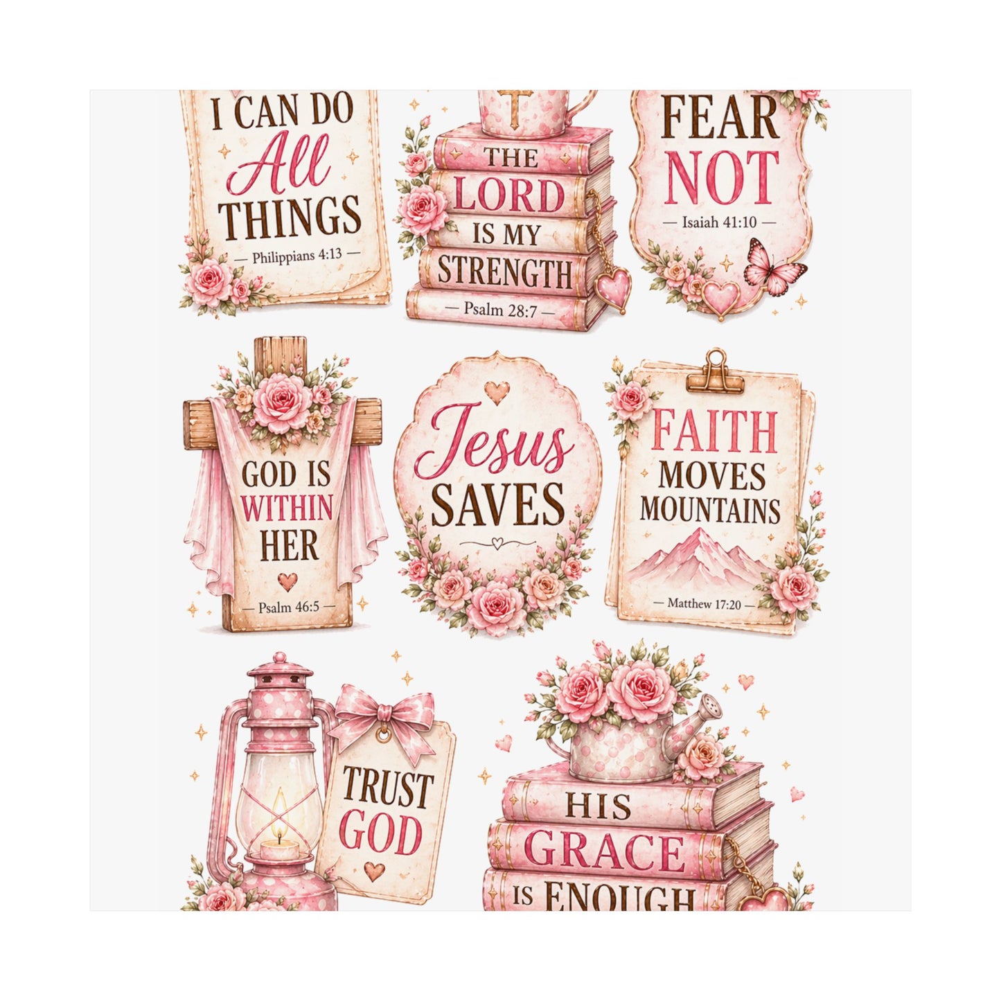 Christian Scripture Matte Poster - Floral 'Jesus Saves' & Encouraging Verses (Vertical)