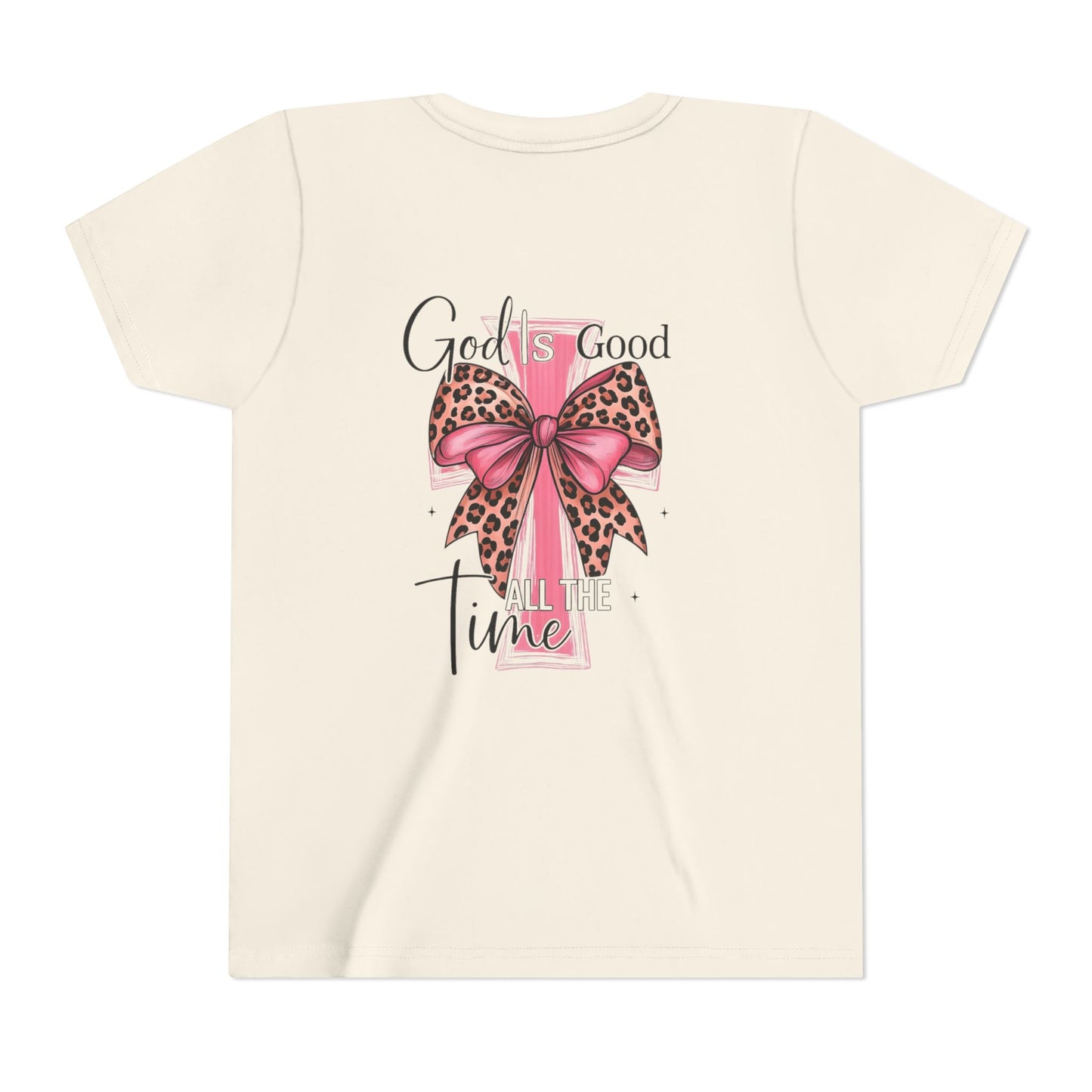Youth Tee — "God is Good All the Time" Pink Cross with Leopard Bow