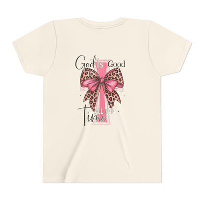 Youth Tee — "God is Good All the Time" Pink Cross with Leopard Bow