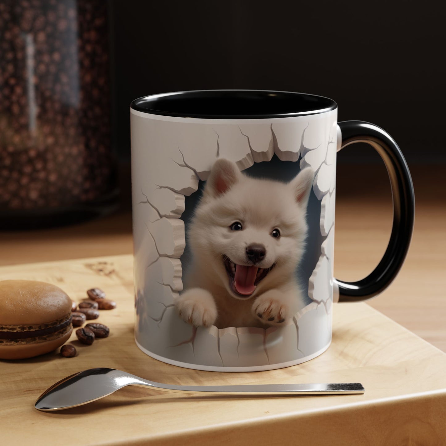 Cute Puppy Breaking Wall Accent Coffee Mug – Funny Smiling Dog Gift (11/15oz)