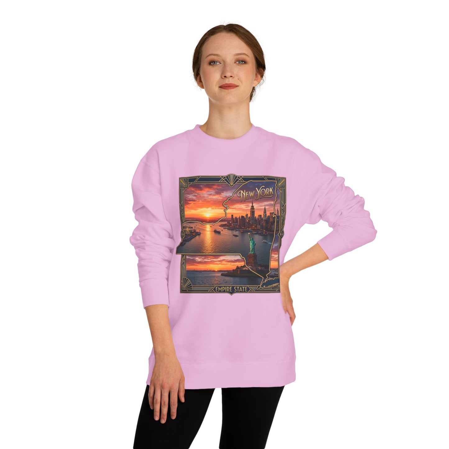New York Sunset Crewneck Sweatshirt — Statue of Liberty Skyline Graphic