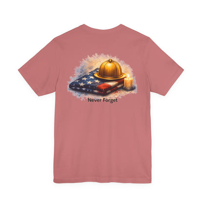Never Forget Memorial T‑Shirt — Firefighter Helmet & Flag Tribute