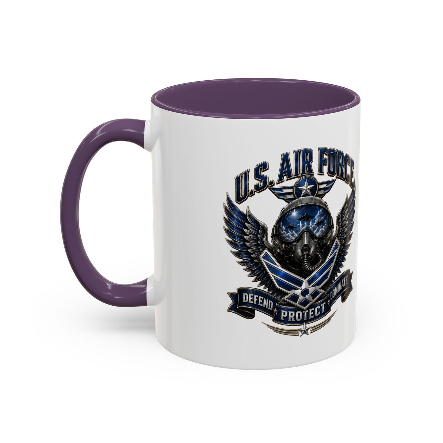 U.S. Air Force Emblem Accent Coffee Mug — Defend Protect Dominate (11/15oz)