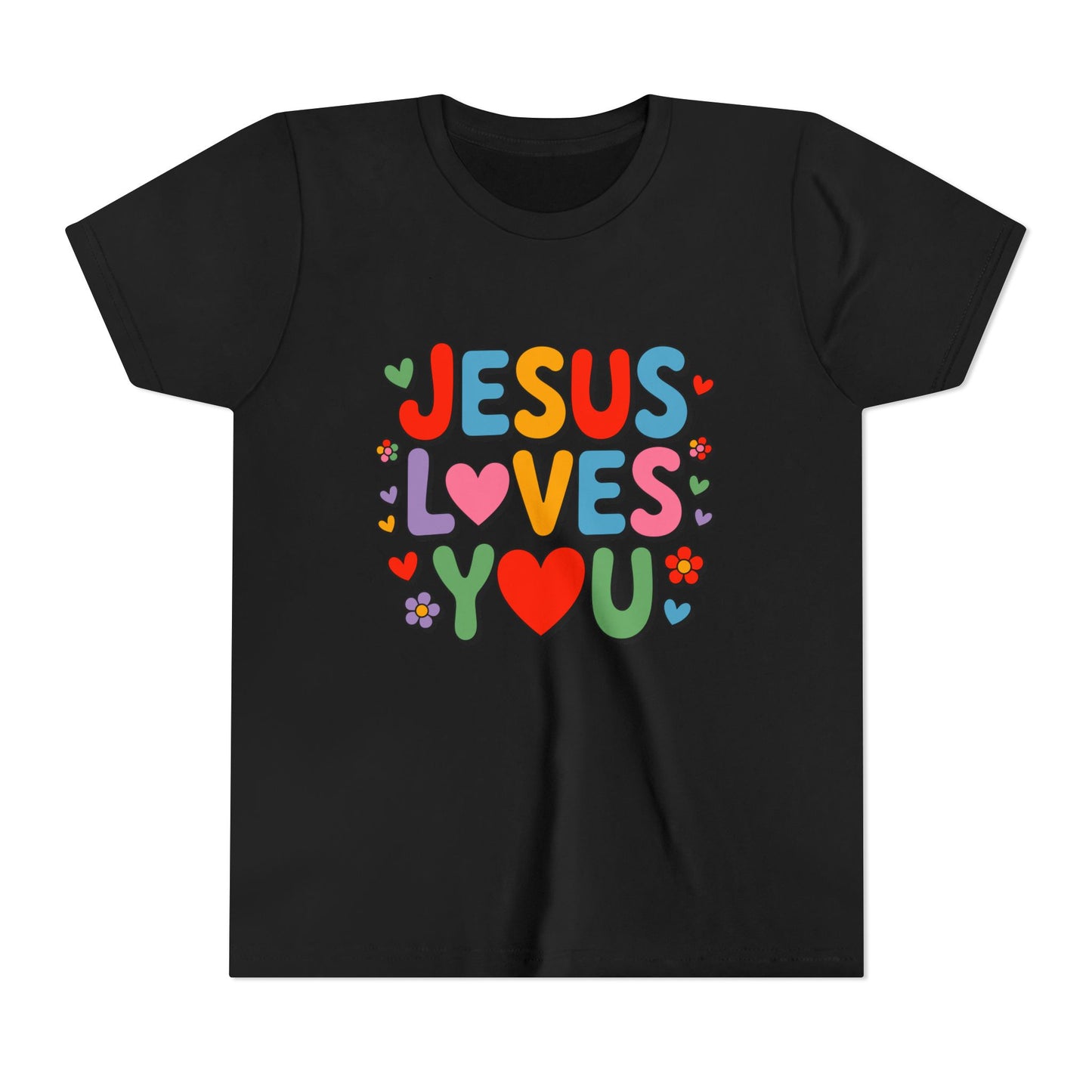Youth Tee - "Jesus Loves You" Colorful Heart & Flower Christian Shirt