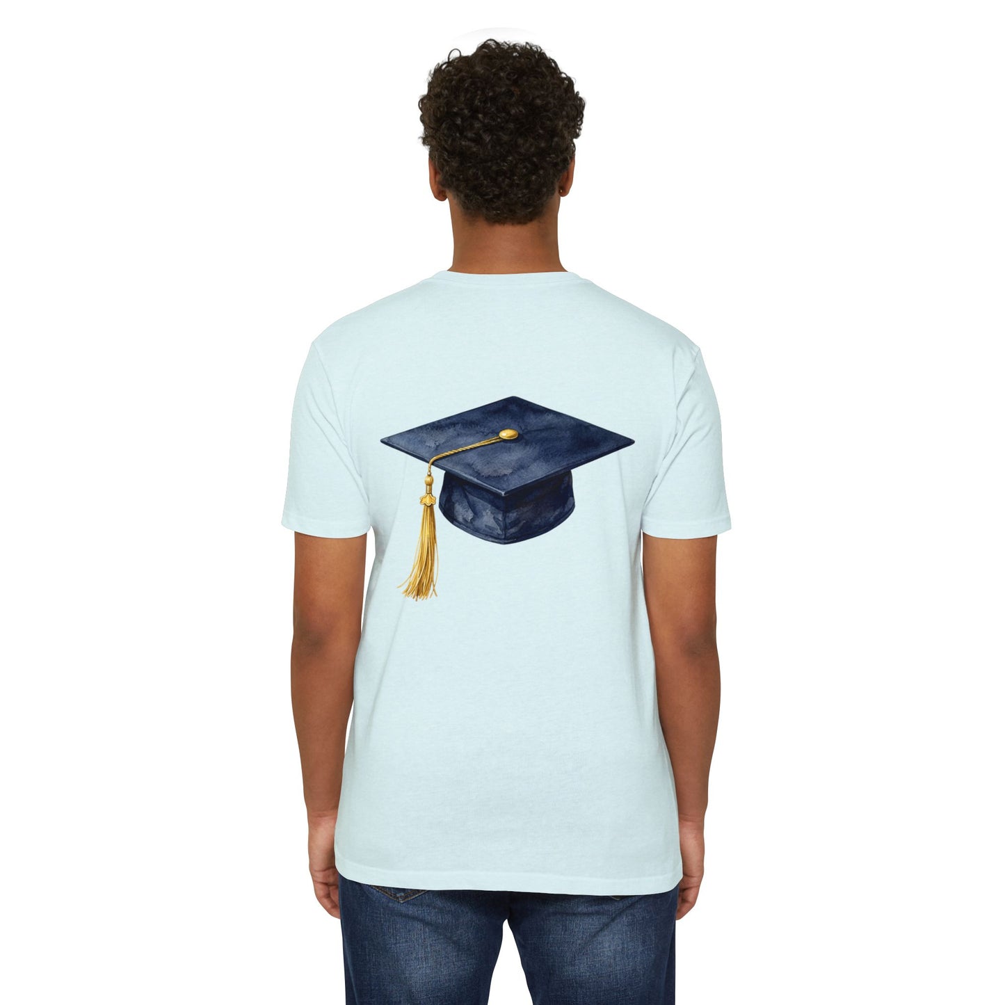 Graduation Cap T-Shirt — Navy Mortarboard with Gold Tassel