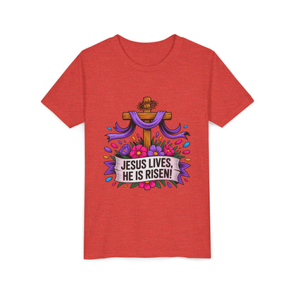 Youth Tee — "Jesus Lives, He Is Risen!" Easter Christian Tee