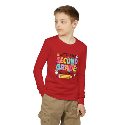 Second Grade Kids Long Sleeve Tee – “Watch Out Second Grade Here I Come!” Back-to-School Shirt