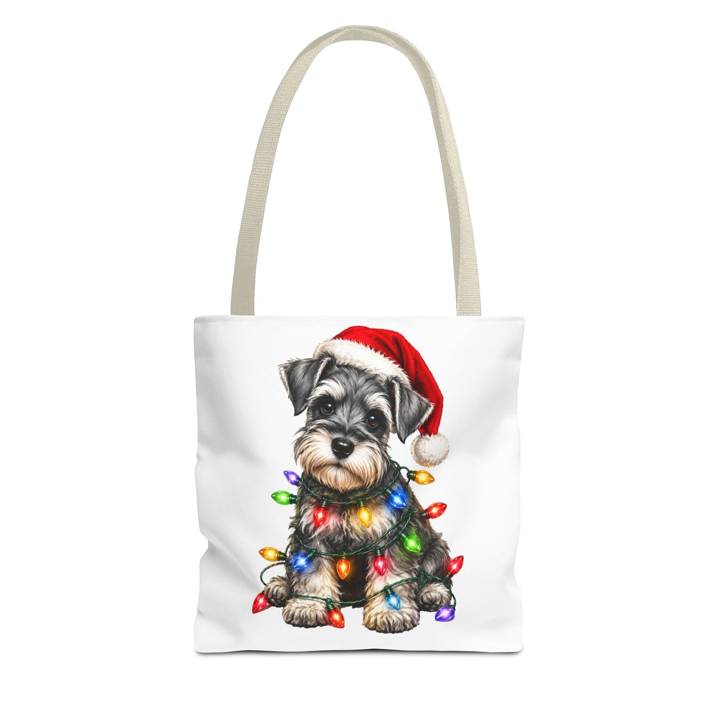 Christmas Schnauzer Tote Bag — Cute Puppy with Santa Hat & Holiday Lights