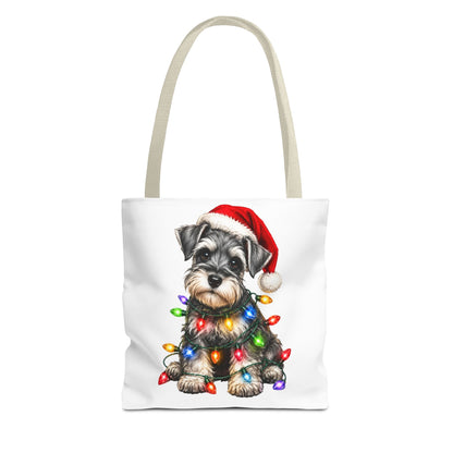 Christmas Schnauzer Tote Bag — Cute Puppy with Santa Hat & Holiday Lights