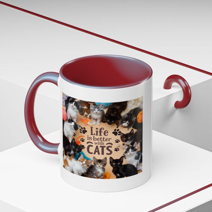 Cat Lover Accent Coffee Mug — “Life Is Better With Cats” 11/15oz
