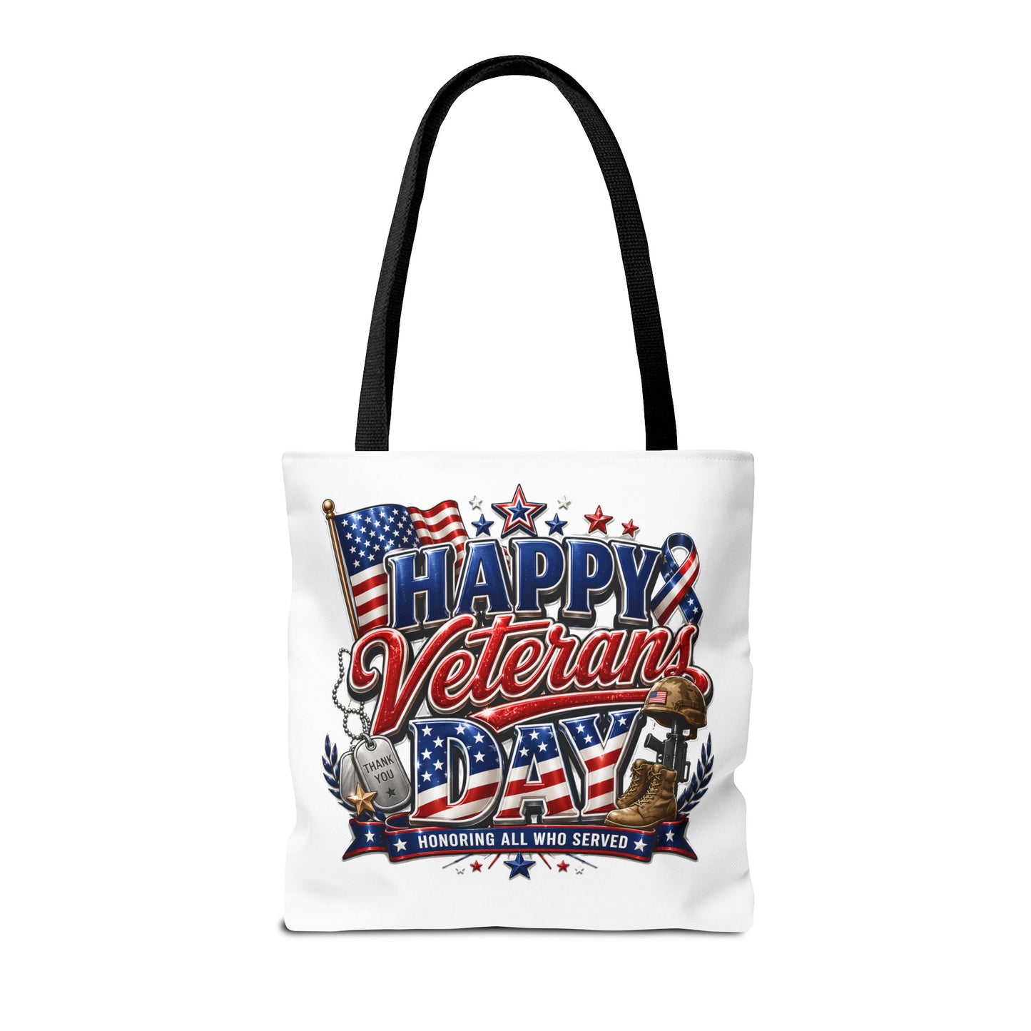 Veterans Day Tote Bag — "Happy Veterans Day" Patriotic All-Over Print