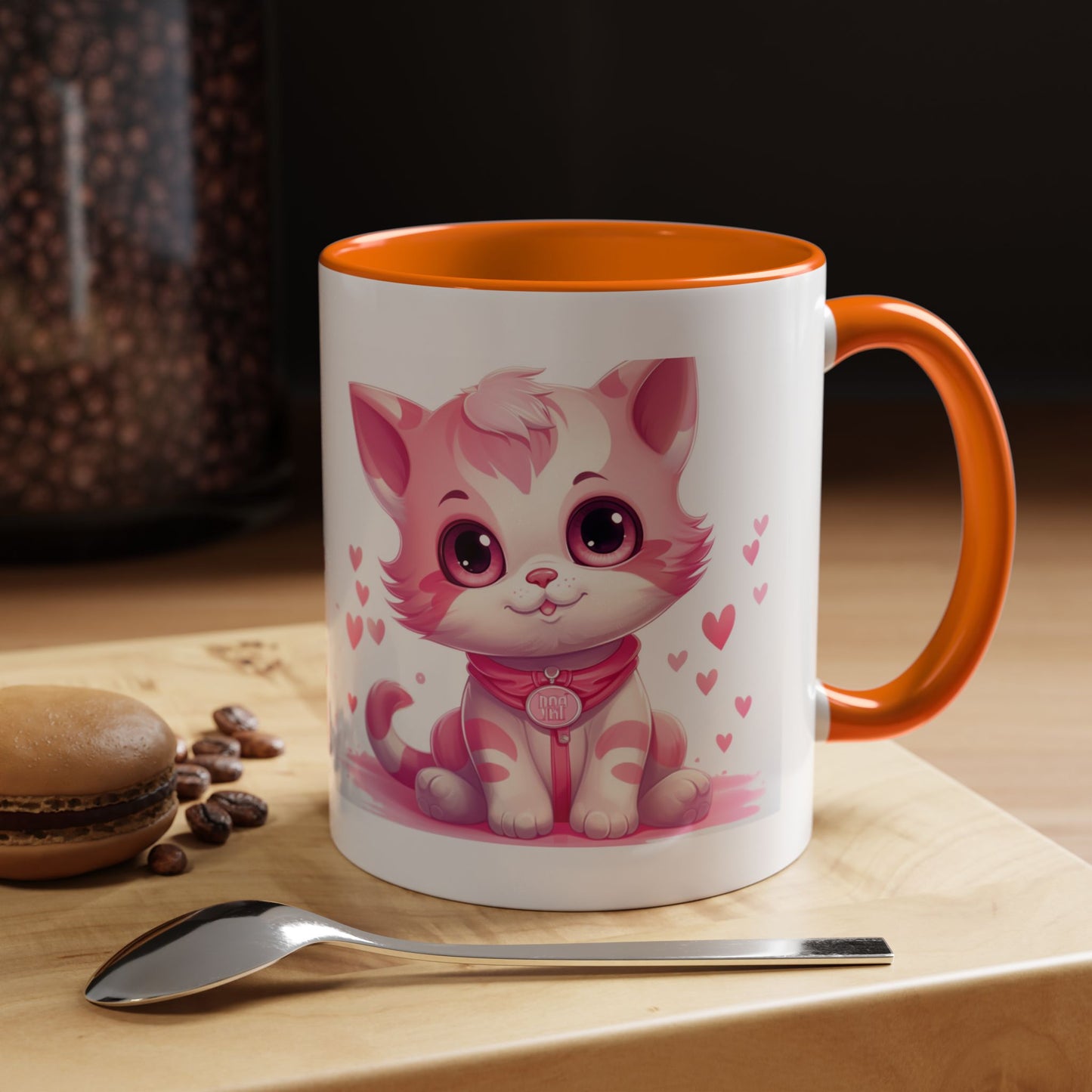 Pink Cute Kitten Coffee Mug — Cute Cat Accent Mug with Hearts (11/15oz)