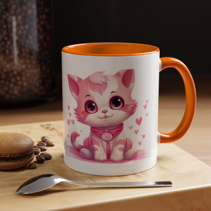 Pink Cute Kitten Coffee Mug — Cute Cat Accent Mug with Hearts (11/15oz)