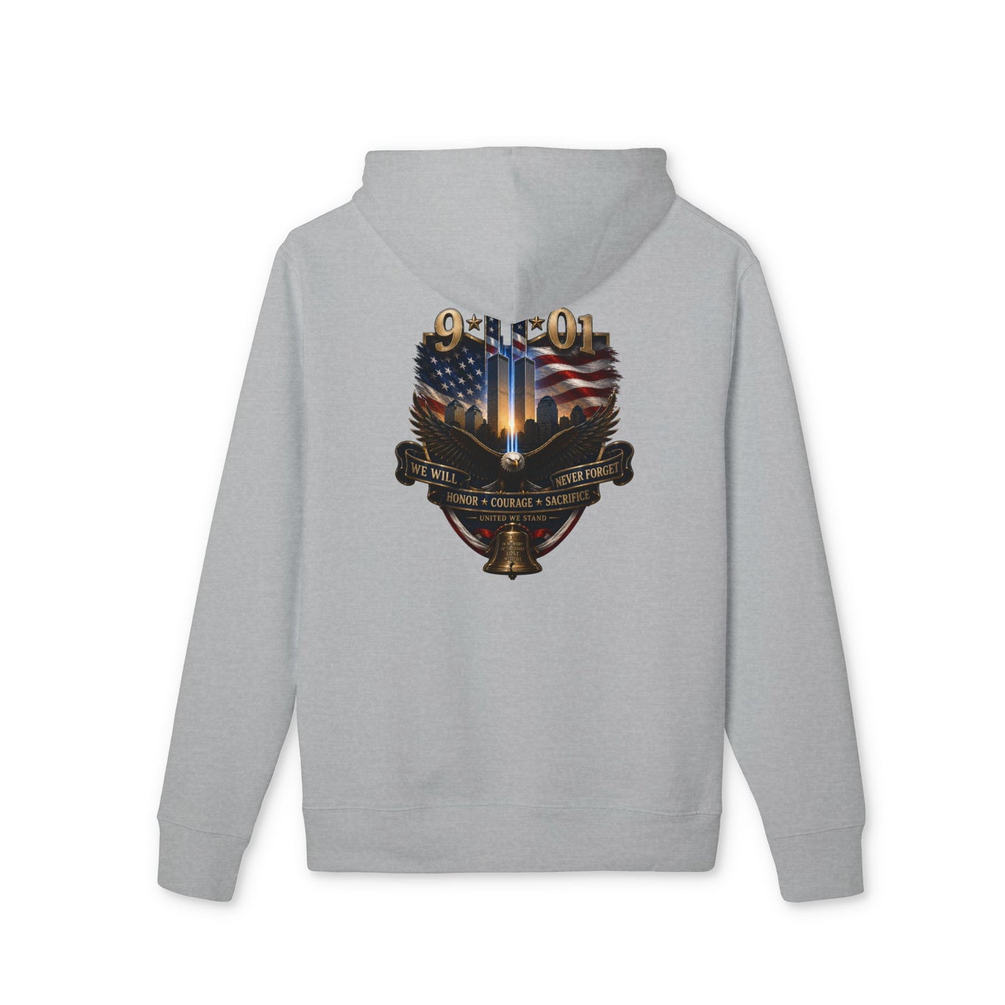 Patriotic Guardian Hoodie — 9/11 Tribute with American Flag & Twin Towers Emblem