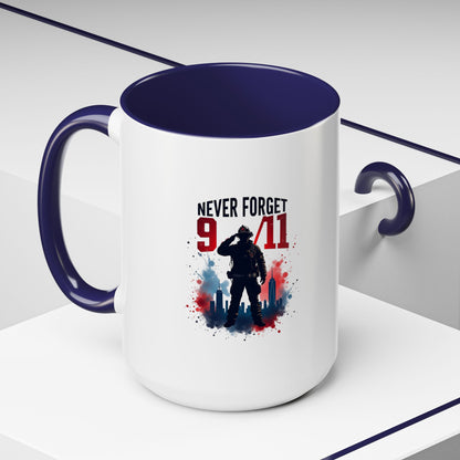 Never Forget 9/11 Accent Coffee Mug — Patriotic Memorial Tribute (11oz, 15oz)