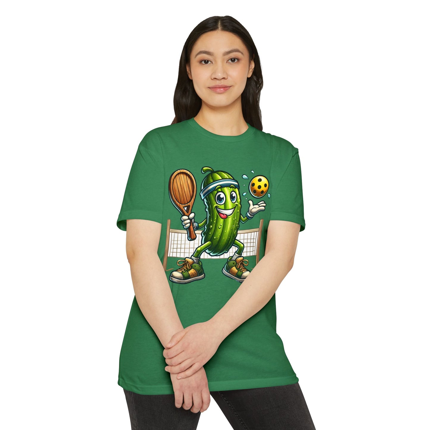 Pickleball Pickle T-Shirt — Cute Cartoon Pickle Playing Pickleball Tee