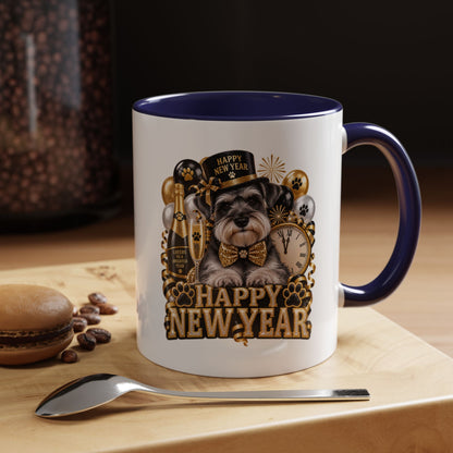 Happy New Year Dog Coffee Mug — Festive Black & Gold 11/15oz Accent Mug