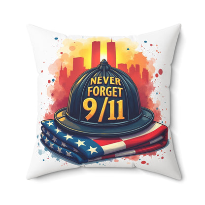 Never Forget 9/11 Memorial Throw Pillow — Firefighter Helmet & American Flag