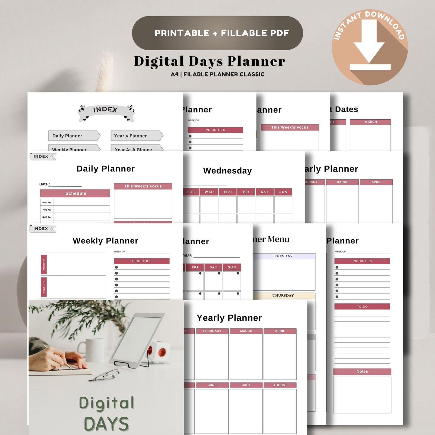 Digital Days Planner | Daily Digital Planner | Editable Planner PDF | Productivity Planner Digital | Tablet Planner