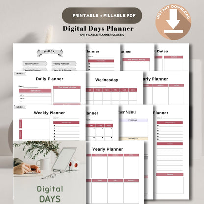Digital Days Planner | Daily Digital Planner | Editable Planner PDF | Productivity Planner Digital | Tablet Planner