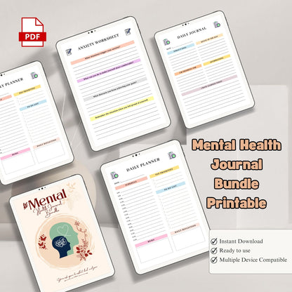 Mental Health Journal Bundle Printable | Self Care & Wellness Planner | Therapy Journal | Mindfulness & Mood Tracker