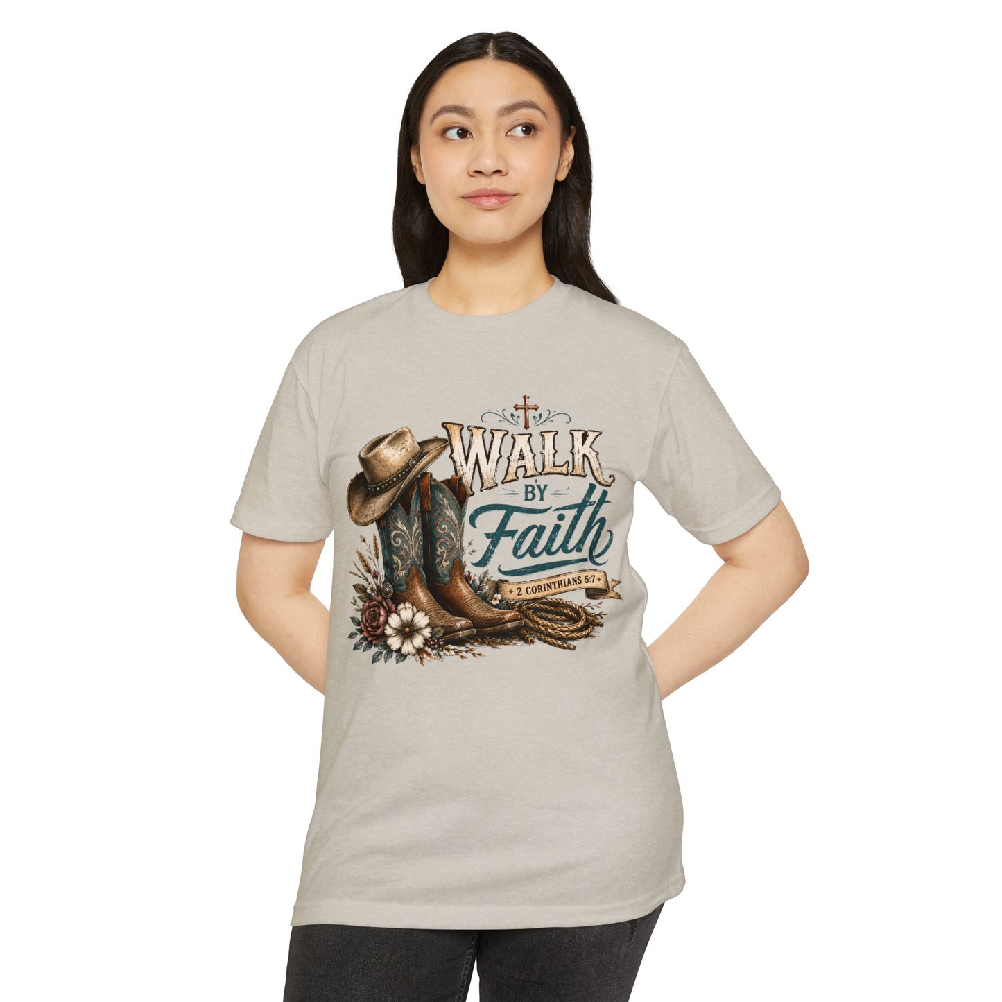 Walk By Faith T-Shirt — Christian Cowboy Boots & Hat Graphic Tee
