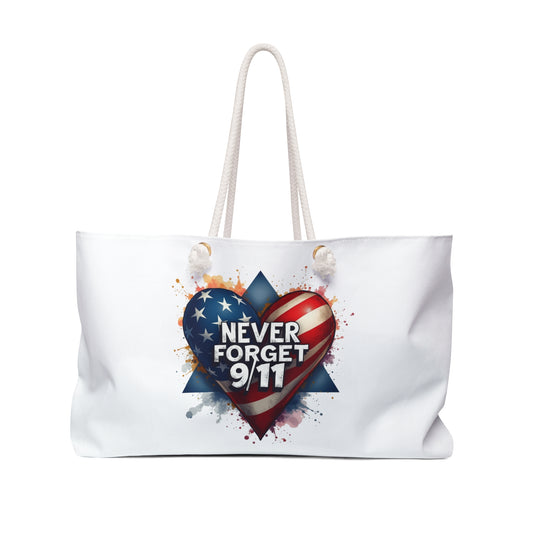 Never Forget 9/11 Patriotic Weekender Bag — American Flag Heart Memorial Travel Tote