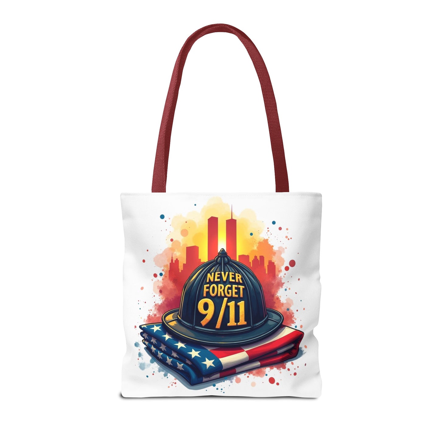 Never Forget 9/11 Memorial Tote Bag — Firefighter Helmet & Flag Tribute