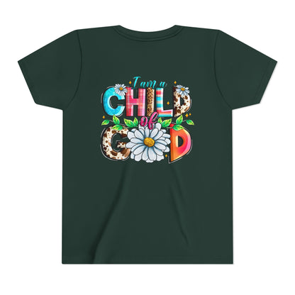 Youth Tee — "I Am a Child of God" Floral Christian Graphic
