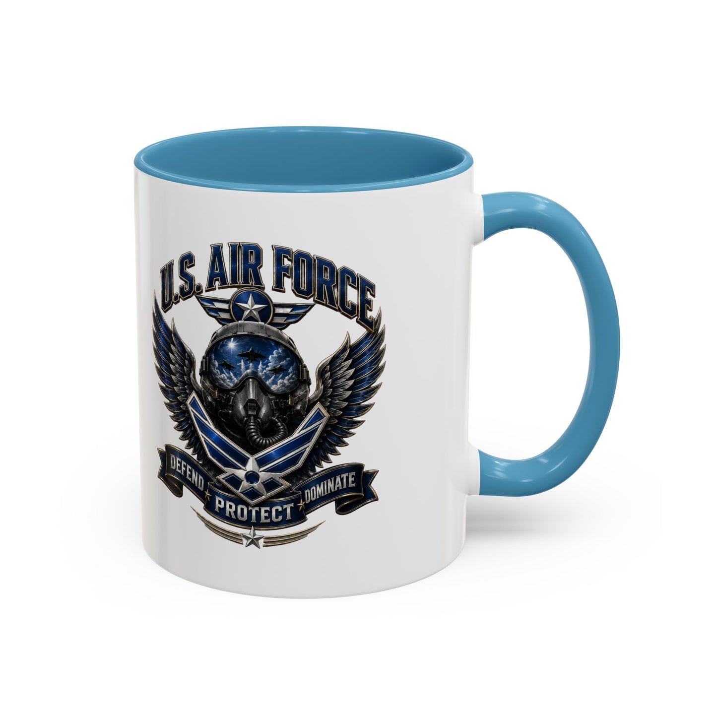 U.S. Air Force Emblem Accent Coffee Mug — Defend Protect Dominate (11/15oz)