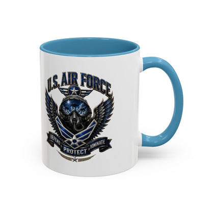 U.S. Air Force Emblem Accent Coffee Mug — Defend Protect Dominate (11/15oz)