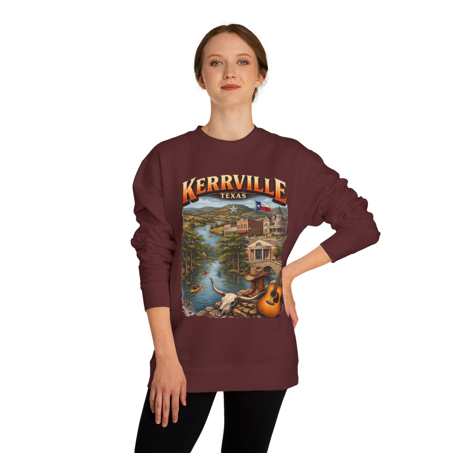 Kerrville Texas Scenic Crewneck Sweatshirt — Riverfront Guitar Vintage Design