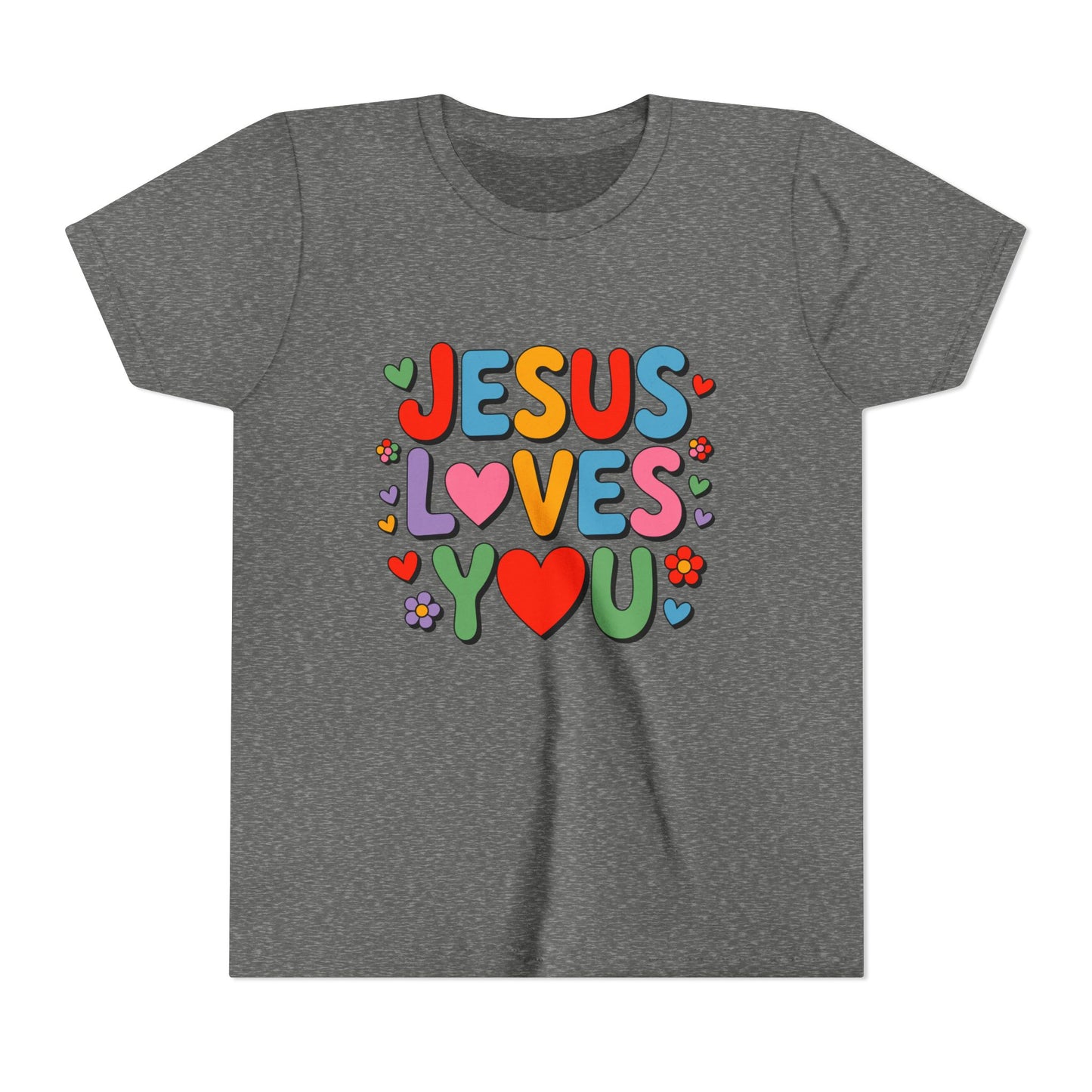 Youth Tee - "Jesus Loves You" Colorful Heart & Flower Christian Shirt