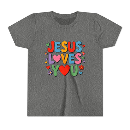 Youth Tee - "Jesus Loves You" Colorful Heart & Flower Christian Shirt